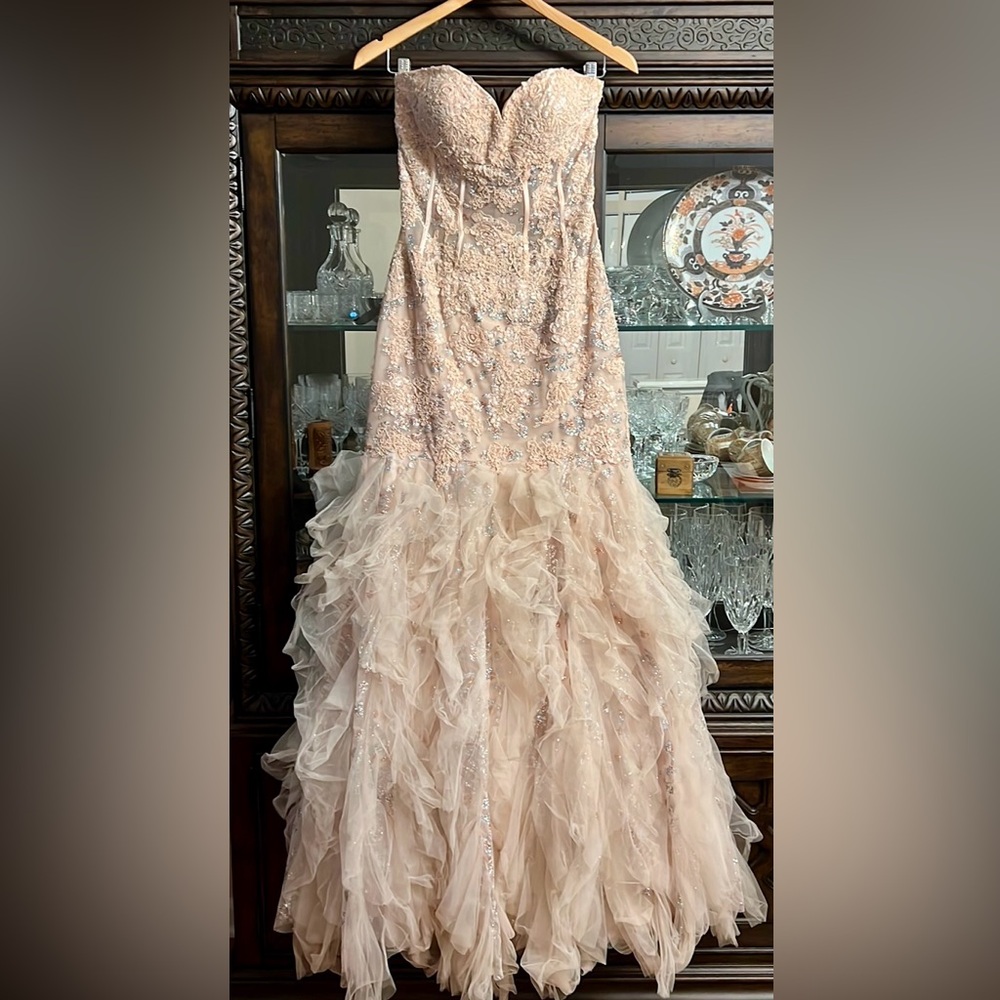 Jovani Blush Pink Embellished Sequined Ruffle Mermaid Dress Gown Sz8